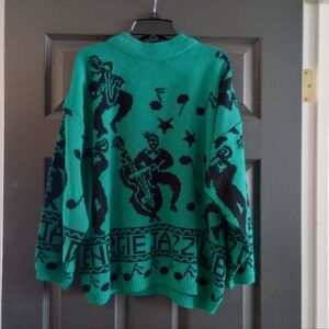 Retro 80s Rare Chunky Knit Novelty Sweater Energie Jazz Club  Musical Notes VTG